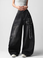 American-Style High Street Patchwork Studded Design Black Loose Jeans Women Y2K Trendy Streetwear Fashionable Casual Versatile Wide-Leg Pants