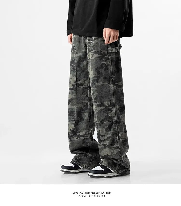 Camouflage Tooling Jeans Autumn New High Street Retro Loose Straight Wide Leg Baggy Trousers Cargo Pants Men Low Rise Jeans