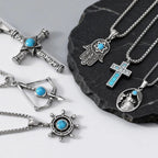 Vintage Men's Necklace,Stainless Steel Totem Natural Stone Pendant Necklace,Ethnic Punk Jewelry Gift