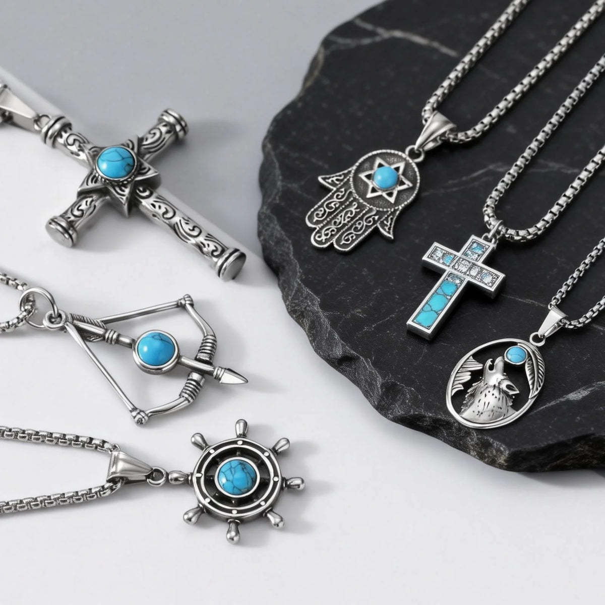 Vintage Men's Necklace,Stainless Steel Totem Natural Stone Pendant Necklace,Ethnic Punk Jewelry Gift