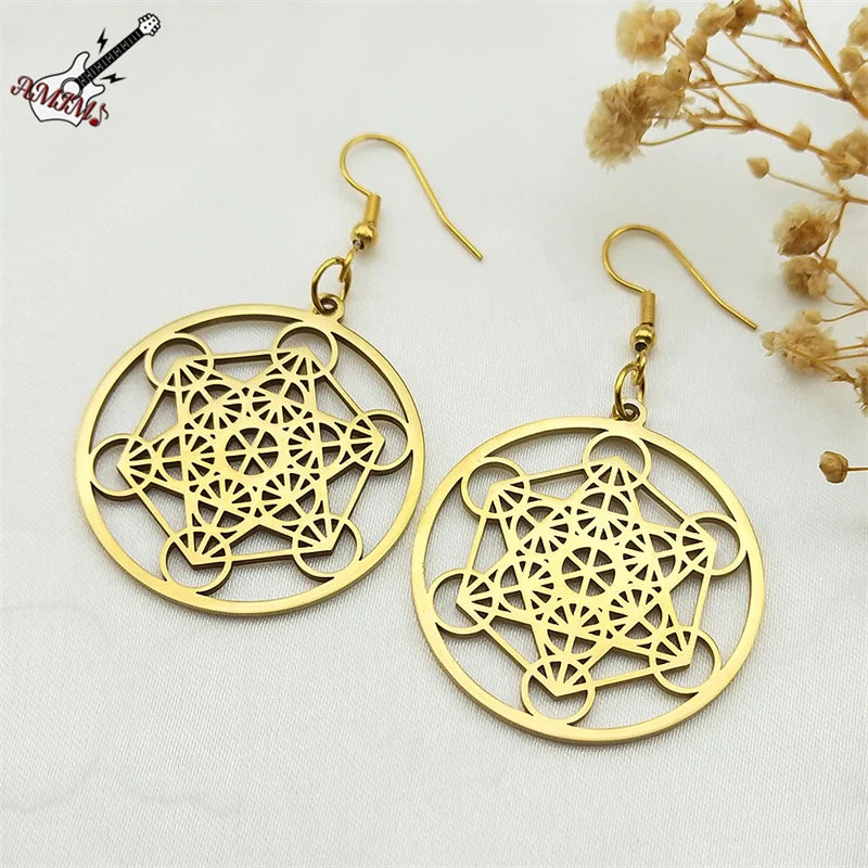 Sacred Geometry Metatron Cube Big Hoop Earrings for Women Stainless Steel Gold Color Amulet Chakra Round Hollow Earrings Jewelry