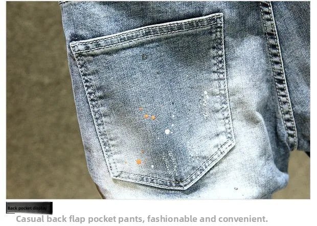 Summer Luxury Trendy Brand Denim Shorts Men's Pants Ripped Slim-fitting Elastic Washed Japanese Embroidery Patch Medium Pants