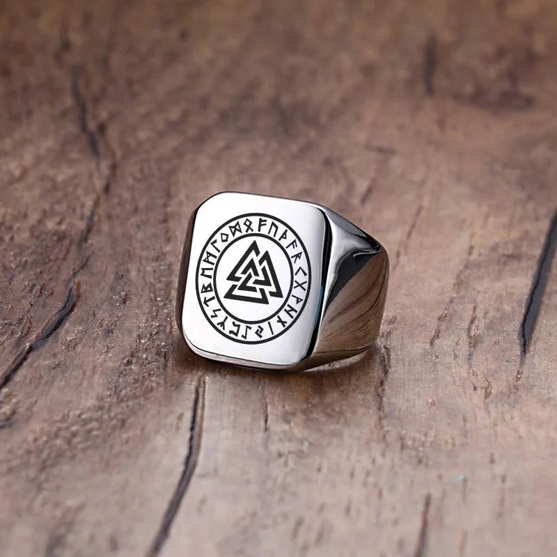 Men Viking Vegvisir Pirate Signet Ring, Free Custom Personalized Stainless Steel Finger Bands Ring for Boys, Amulet Jewelry Gift
