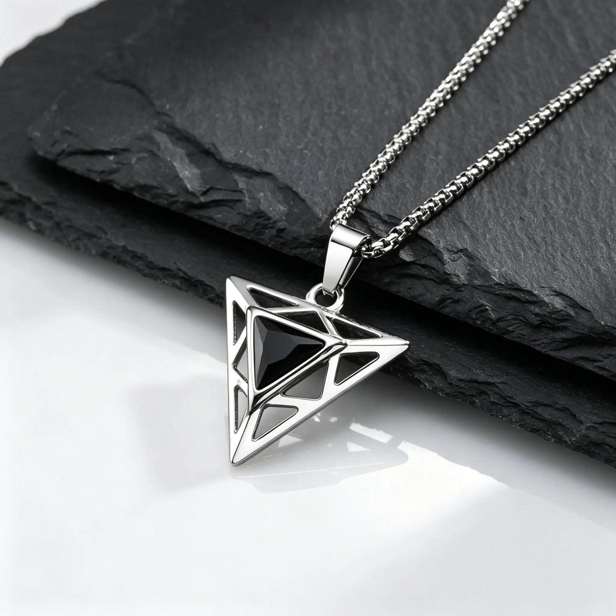 Black Triangle Stone Pendant Necklace for Men,Stainless Steel Hollow Geometric Pendant Necklace,Gothic Punk Hip Hop Jewelry Gift
