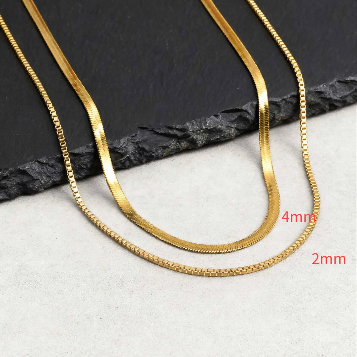 2pcs Chain Necklace for Men Boys,4MM Stainless Steel Flat Snake Chain Collars,2mm Silver Gold Color Box Chain Gift