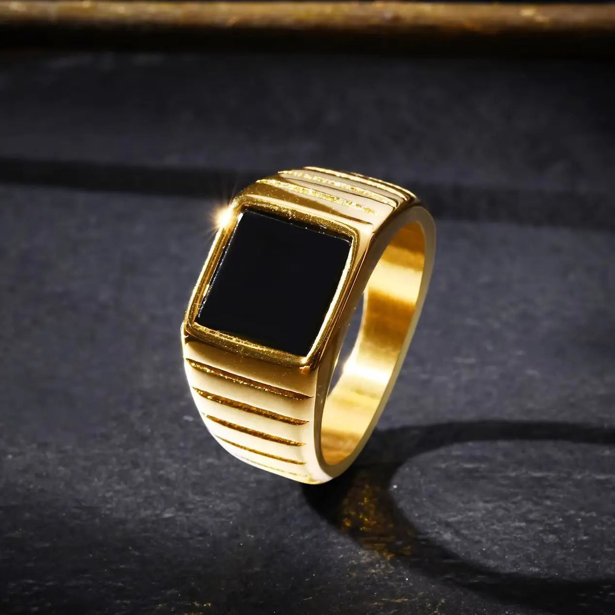 Black Stone Ring for Men,Gold Color Stainless Steel Square Ring Thumb Ring Signet Ring Wedding Ring,Classic Trendy Jewelry Gift