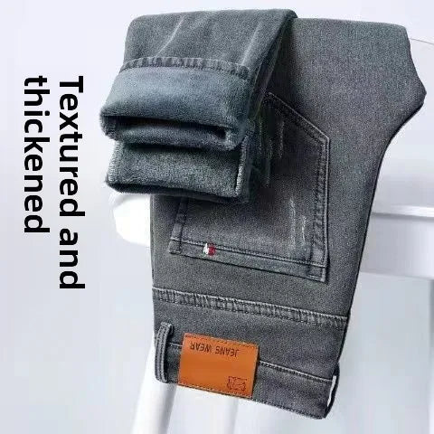 Denim Winter Velvet Thickened Slim-fitting Small Feet Elastic Casual Warm Men's Pants Cotton Trousers Jeans for Men Streetwear