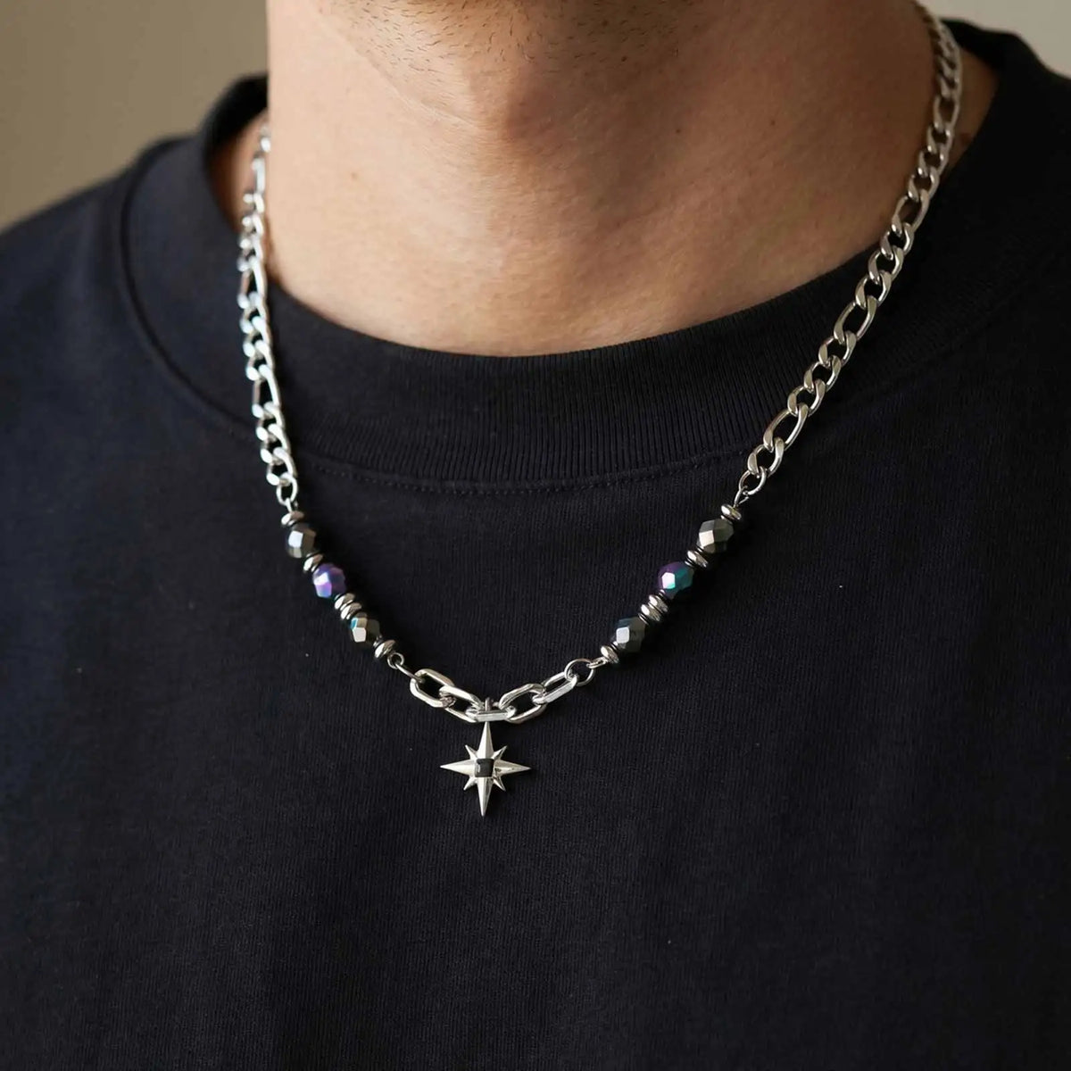 Hiphop Star Cross Chain Necklaces for Men Boys,Stainless Steel Punk Double Layers Chain Collars,Unisex Jewelry