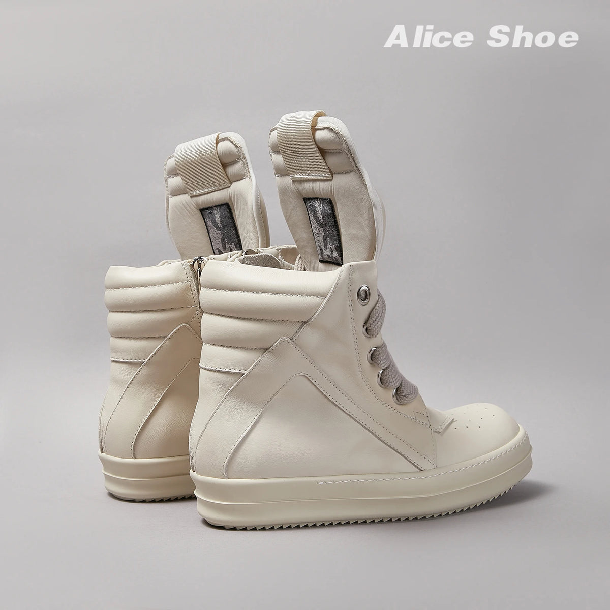 PENDRA White Geobasket White Leather High-Top Zip Thick-Sole Ankle Boots