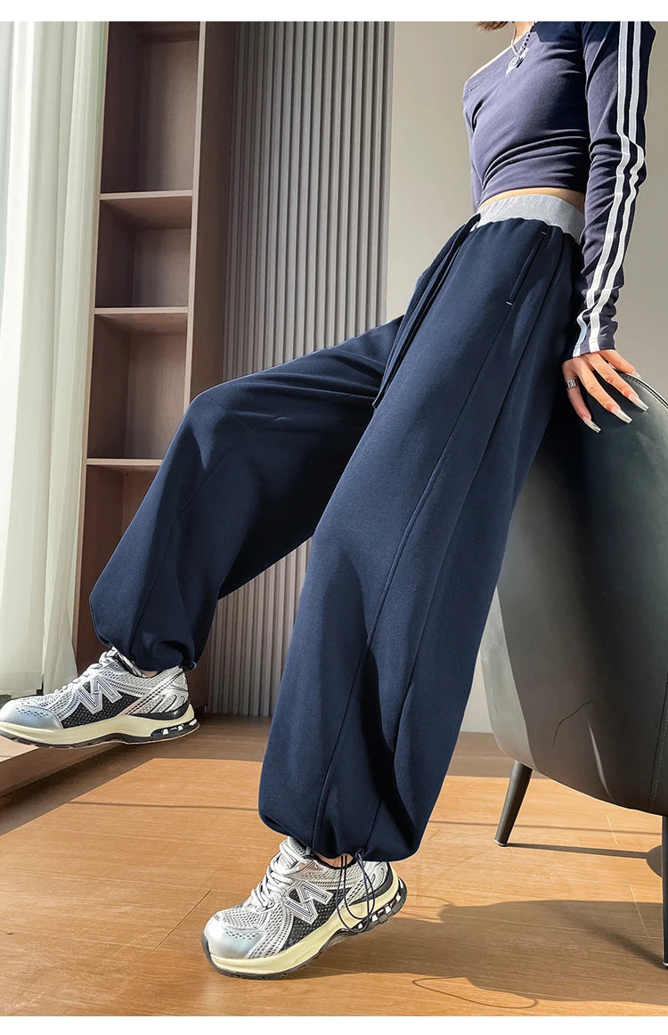 American style sports pants women in autumn and winter 2025 new style thick drawstring color blocking wide leg pants