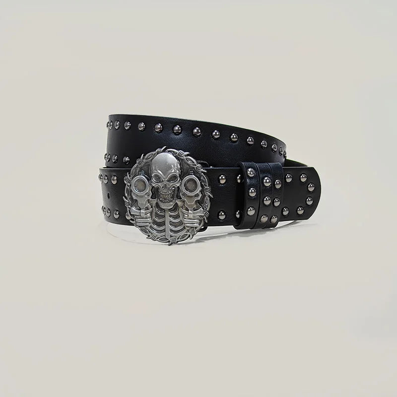 Unisex Jeans Belt For Men and Women Skull hold guns Bucket Gothic Women's Belt Female Designer Black Rivet Punk Accessory Male