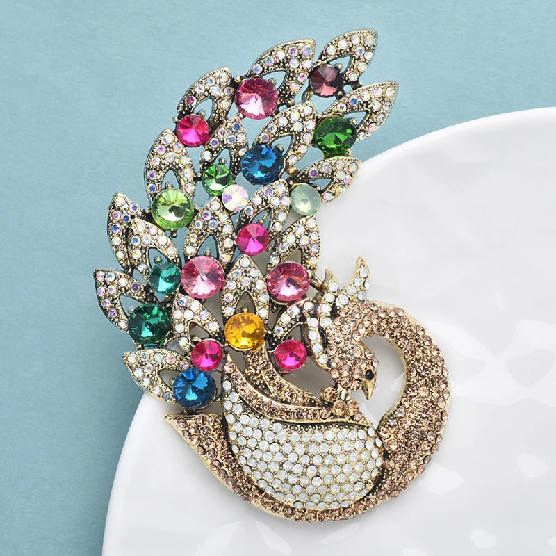Wuli&baby Big Sparkling Full Multicolor Rhinestone Peacock Brooch Pin For Women Coat Winter Jewelry Accessory Gift