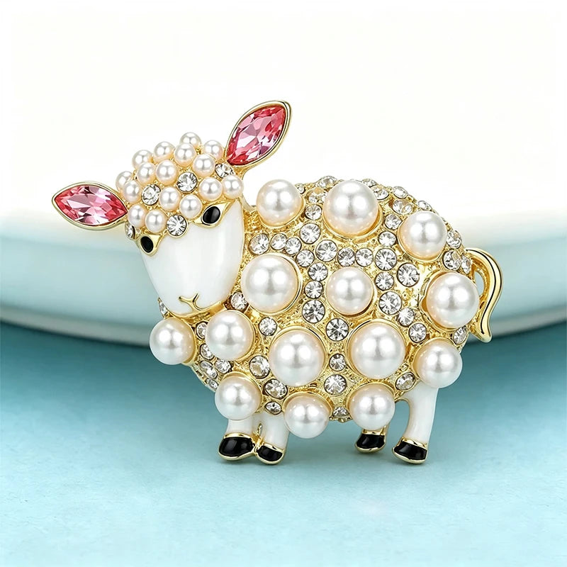 PENDRA Pearlbloom Rhinestone Sheep Brooch
