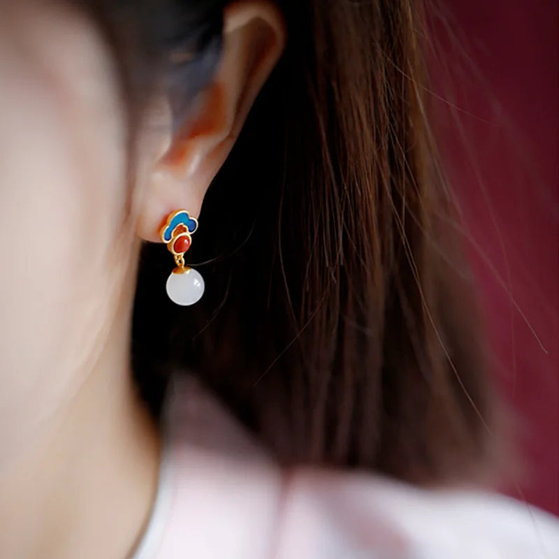 VENTFILLE Hetian Jade Ear Hook Earring Women's High-end Temperament Ethnic Style Retro Earrings Cloisonne Craft Dangler Gift