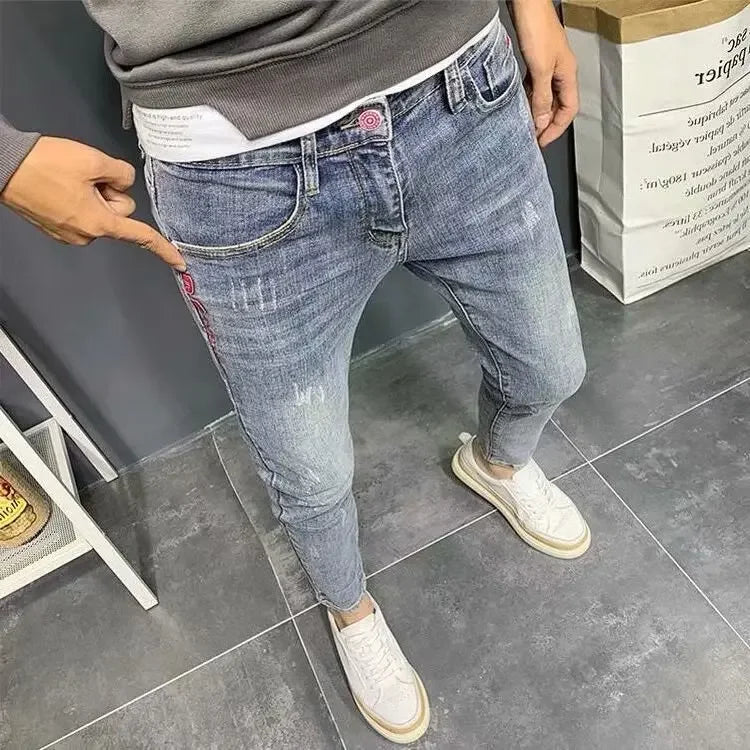 Summer light color jeans men's retro fashion brand embroidery slim fit small feet Korean fashion casual thin nine point pants