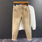 High-end 2026 Luxury Brand Clothes Khaki Jeans Men's Light Luxury Washed Casual Elastic Slim Small Feet Embroidered Long Pants
