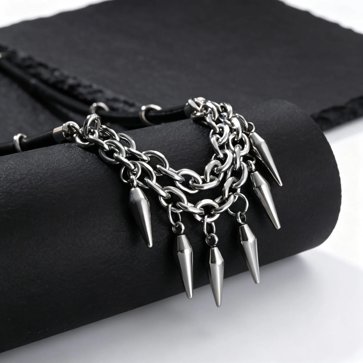 Rock Punk Rivet Leather Necklace for Men,Stainless Steel Tassel Chain Choker,Street Rapper Biker Jewelry Gift