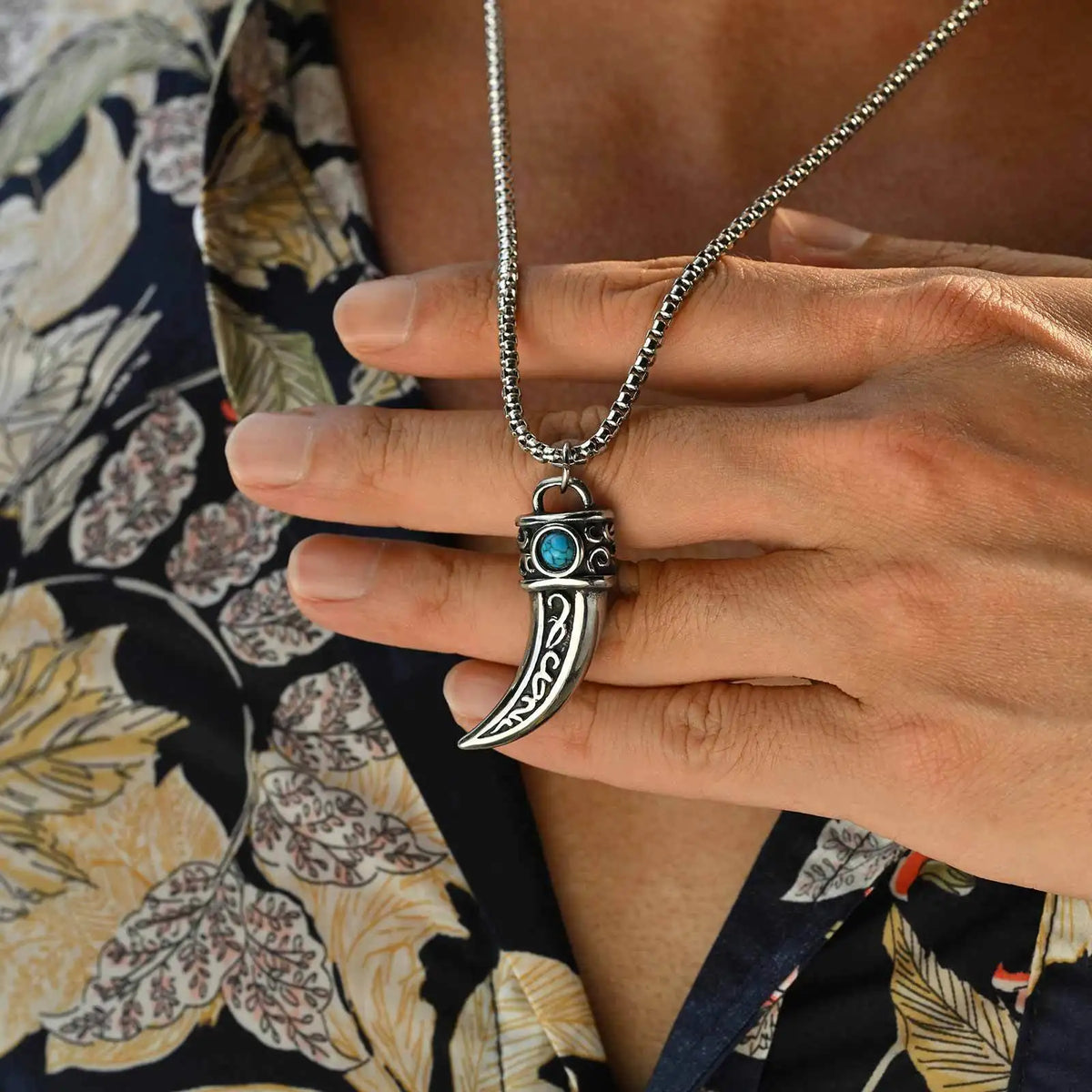 Vintage Horn Charms Necklace for Men Boys,Wateproof Natural Stone Pendant,Ethnic Style Accessories Gift