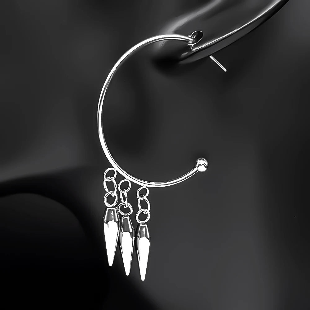 Punk Gothic Hoop Triple Rivet Drop Earrings For Women Men Emo Grunge Stainless Steel Silver Color Spike Huggie Ear Ring Jewelry