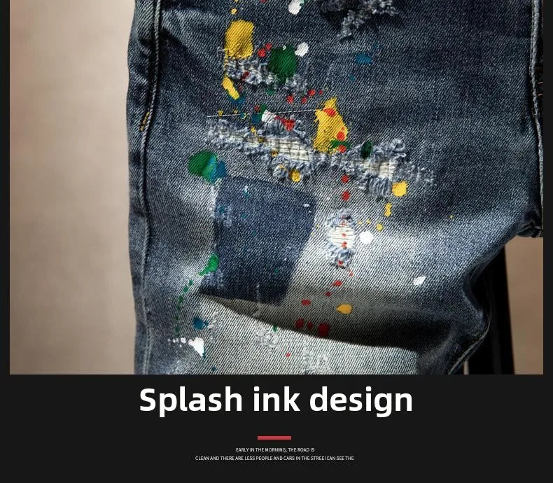 Beggar Ripped Denim Shorts Men's Summer Trendy Brand Ruffian Handsome Ink-splashing Elastic Washed Breeches Thin Short Pants