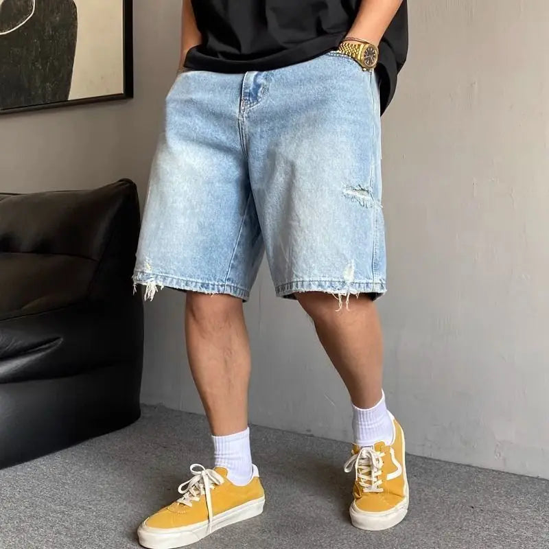 Fashion 2026 New Retro Personalized Ripped Denim Shorts Men's Summer Trendy Brand Ruffian Handsome Straight Baggy Medium Pants