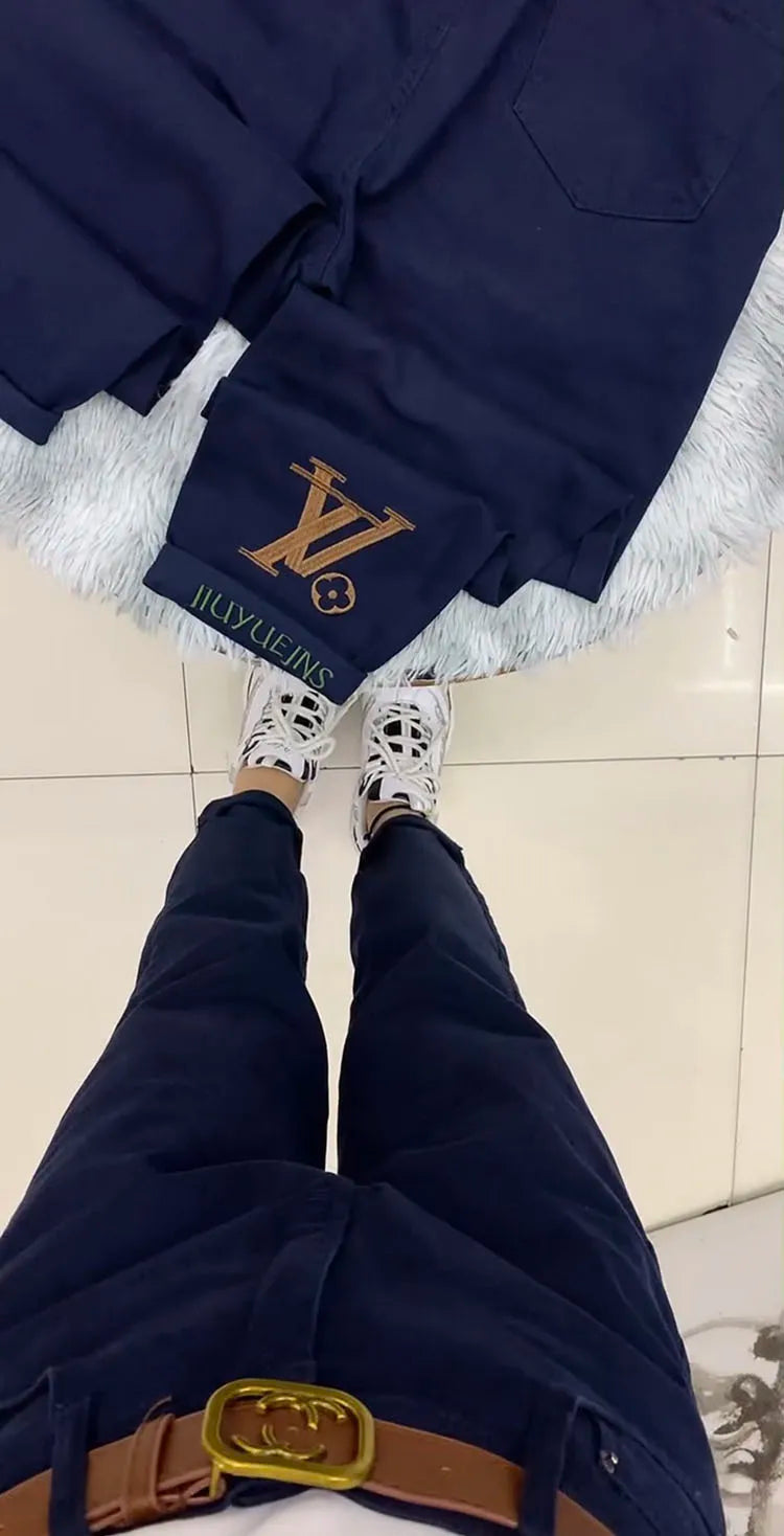 PENDRA Letter Embroidery High Waist Straight Jeans