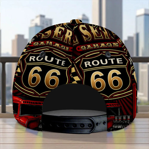 1pc Featuring a Route 66 Hot Rod Garage Design, This All-Over Print Duckbill Hat Has a Fitted Closure And Is Stylishly Hand Wash