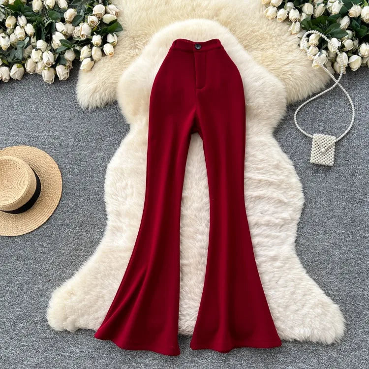High waisted slim fit micro flared pants women in spring new design sense casual versatile solid color straight leg pants