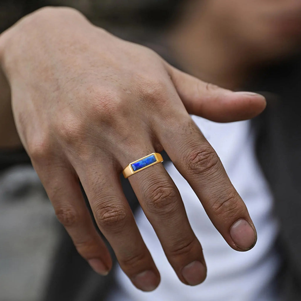 Blue Natural Stone Signet Ring for Men,Minimalist Thin Square Stainless Steel Ring ,Simple Male Ring Gift