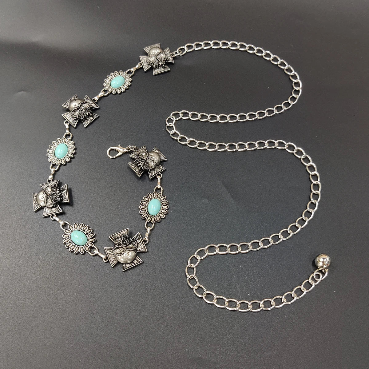 PENDRA Elaraene Silver Skull Gothic Waist Chain Belt