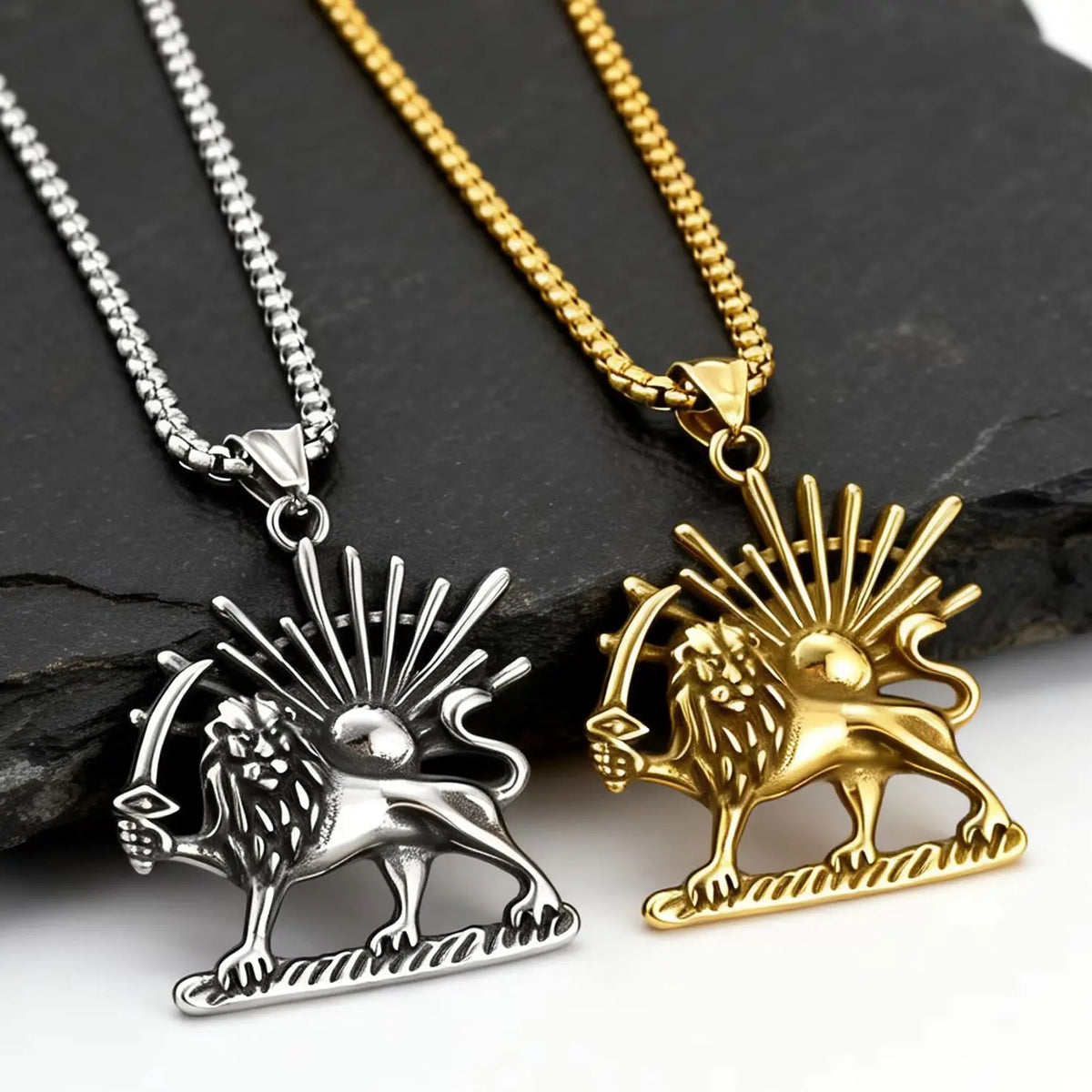 Persian Shir Khorshid Lion Sun Pahlavi Necklace for Men,Silver Color Stainless Steel Sickle Lion Necklace,Iranian Jewelry