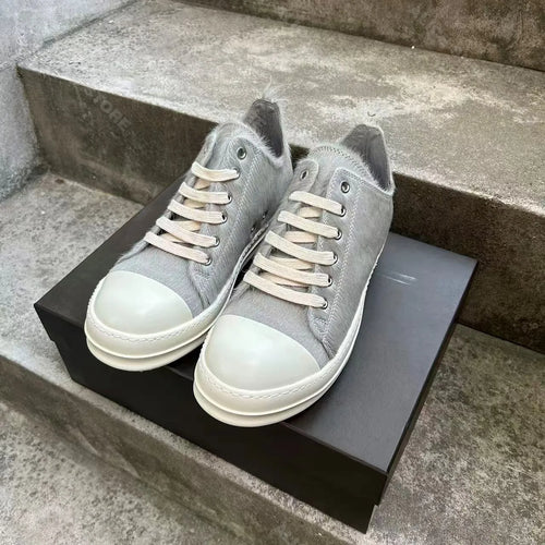 Casual Men Shoe Horsehair Women Sneaker Grey Leather Low Top Lace Up Shoe Luxury Designer Brand Trainer Thick-sole Flat Shoe