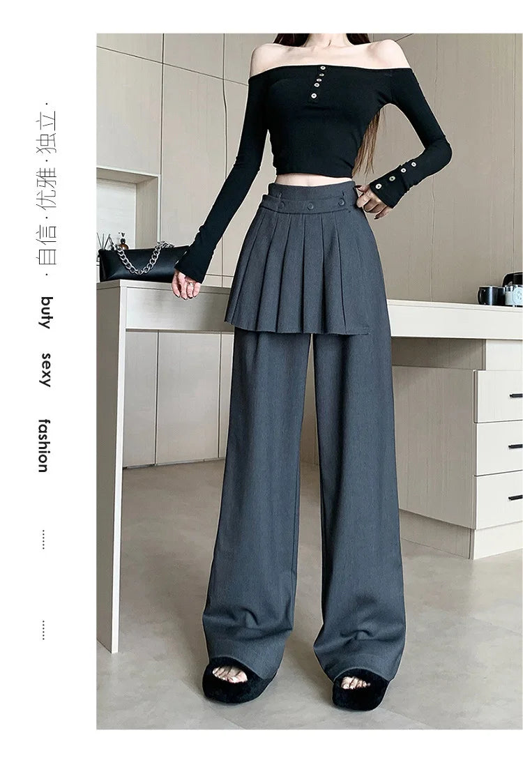 Suit wide leg pants skirt women's autumn design sense fake two piece pleated skirts high waisted loose floor length pants