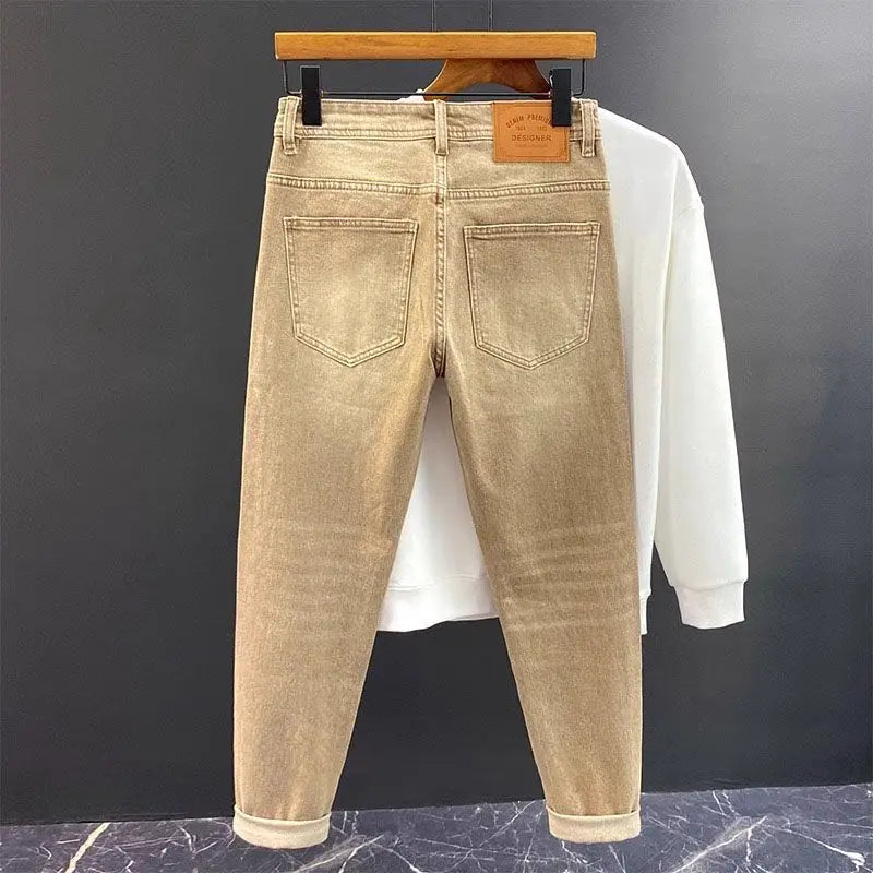 High-end 2026 Luxury Brand Clothes Khaki Jeans Men's Light Luxury Washed Casual Elastic Slim Small Feet Embroidered Long Pants
