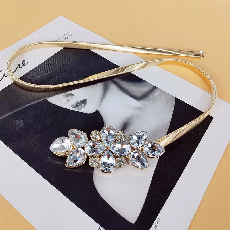 High-eng Luxury Desiner Women Rhinestone Flora Elastic Metal Chain Belt Female Golden Elegant Waist Belt For Dress Skirt Coat