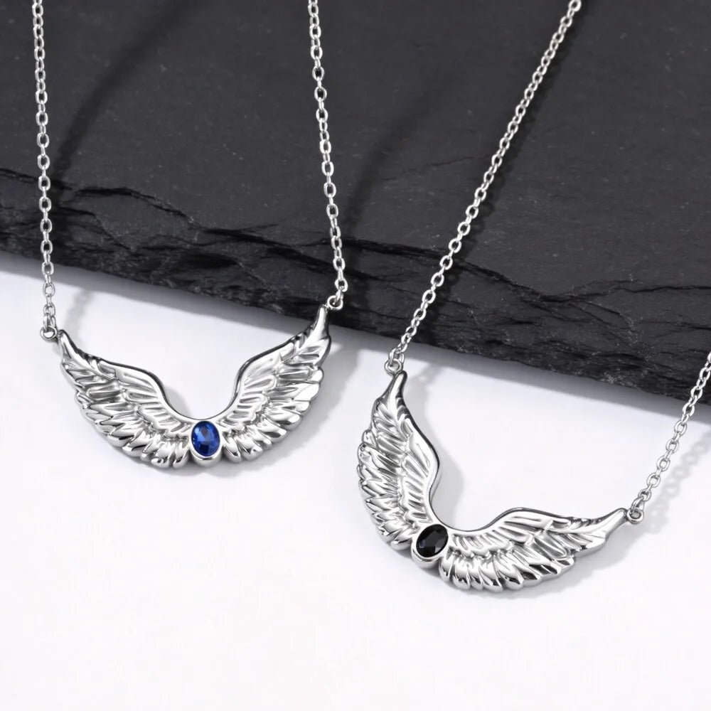 Punk Angel Wings Feather Necklace for Men,Stainless Steel Blue Black Zircon Wings Choker,New Male Jewelry Gift
