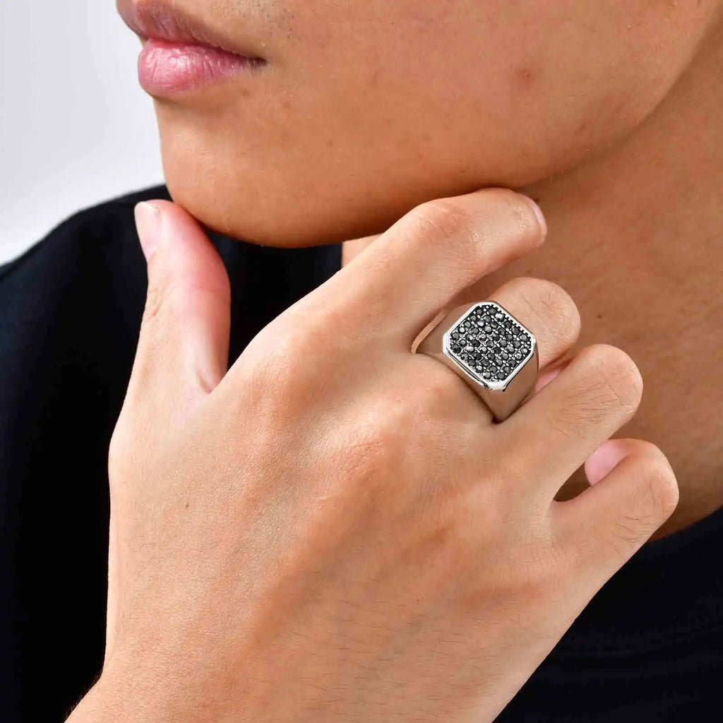 Stylish Men's Stainless Steel Ring,Black AAA Crystal Zircon Square Ring Thumb Ring,Anniversary Birthday Fatehr Gift