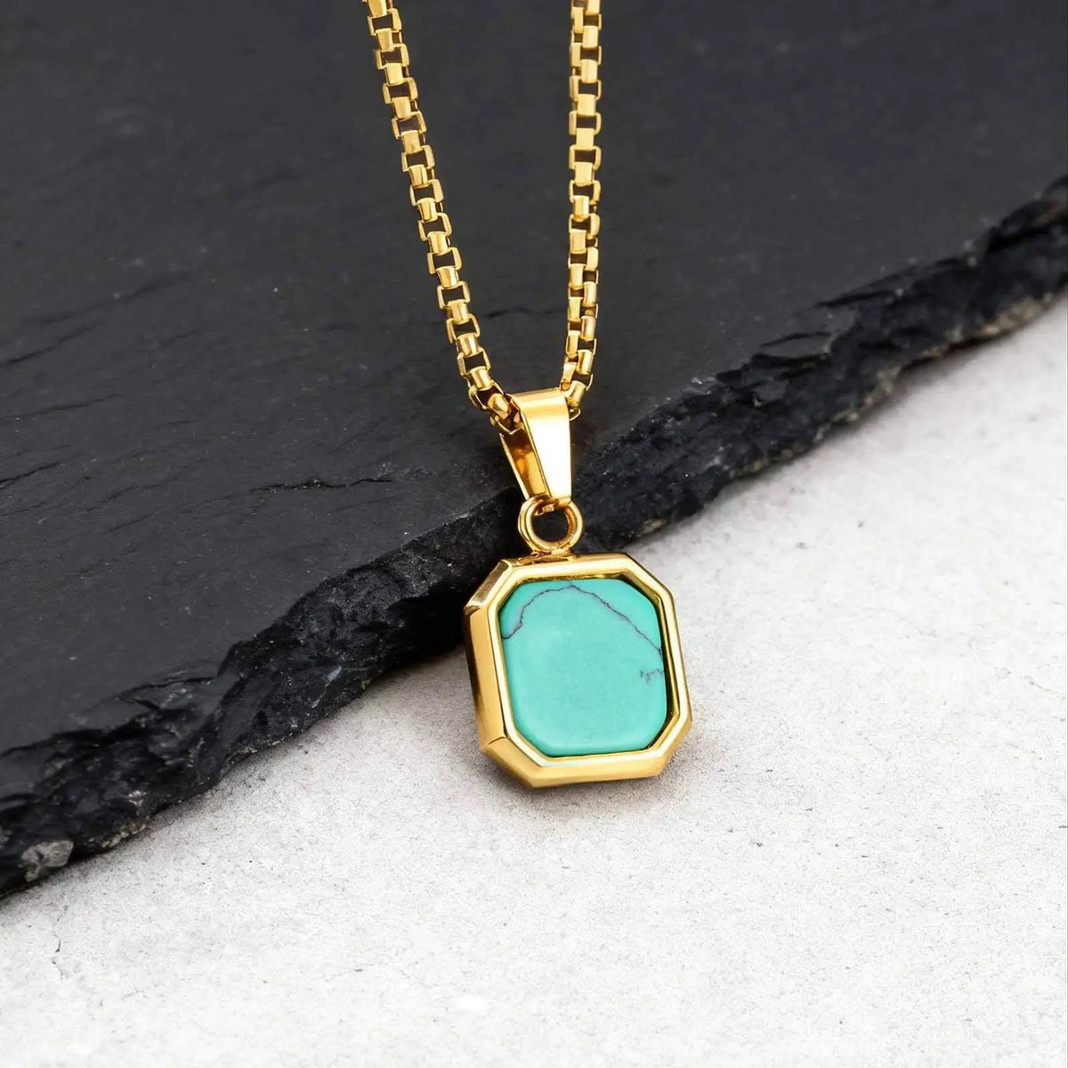 Natural Stone Square Pendant Necklace for Men Boys,Stainless Steel Turquoise Pendant,Jewelry Gift for Husband Dad Son BBF