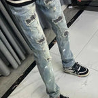Ripped Patch Jeans Men's Brand High Street American Trend Slim Fit Straight Small Feet Pants Menswear Clothing Luxury Jeans Men
