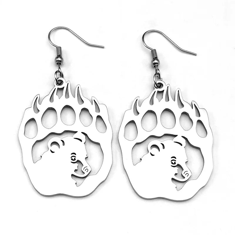 Hip Hop Animal Paw Bear Head Drop Earring for Women Stainless Steel Silver Black Color Hollow Earrings Jewelry E3492S06
