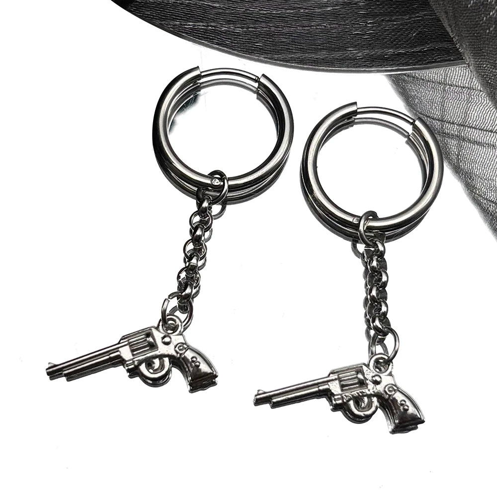 Fashion Revolver Hiphop Earrings For Women Men Stainless Steel Silver Color Punk Gothic Y2K Male Earhoop Party Jewelry Gifts