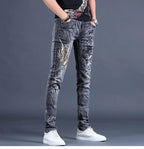 Spring and Autumn 2025 New Men's Jeans Gray Trendy Tiger Head Hot Diamond Printing Slim-fit Small Feet Trousers Men's Clothing