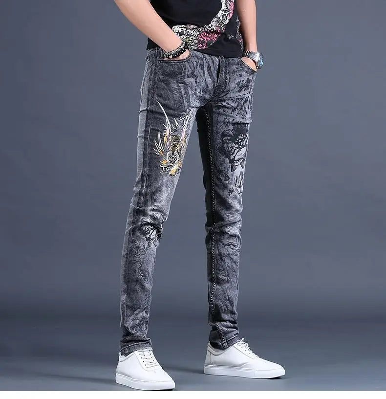 Spring and Autumn 2025 New Men's Jeans Gray Trendy Tiger Head Hot Diamond Printing Slim-fit Small Feet Trousers Men's Clothing