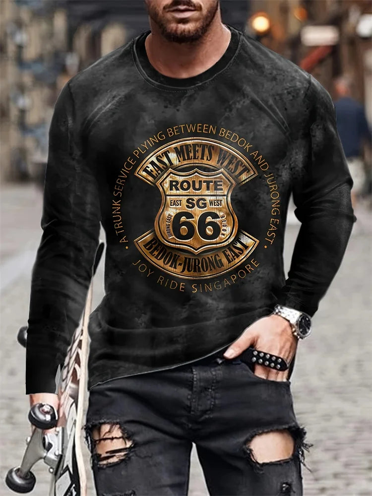 Route 66 Men's Long Sleeve T-shirt Fall Street Fashion Men's Long Sleeve T-shirt Everyday Casual Men's Long Sleeve Top 3D Print
