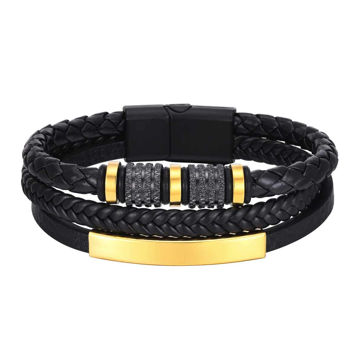Black Multi Layers Leather Bracelet for Men,Metal Tube Charm Handmade Braided Rope Leather Bracelet,Gift for Husband Dad Son