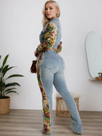 026 New Women's Retro Denim Patchwork Two-piece Suit, Fashionable Side Print Long-sleeved Lapel Jacket and Ripped Slim Jeans, Comfortable Version, Suitable for Daily Wear