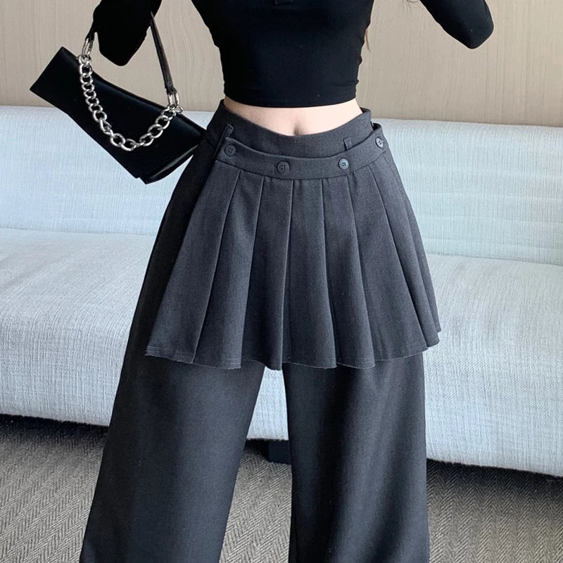 Suit wide leg pants skirt women's autumn design sense fake two piece pleated skirts high waisted loose floor length pants
