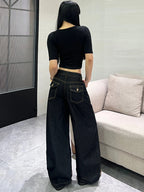 Women's Classic Black Loose American-Style Jeans, Trendy And Versatile Casual Wide-Leg Pants