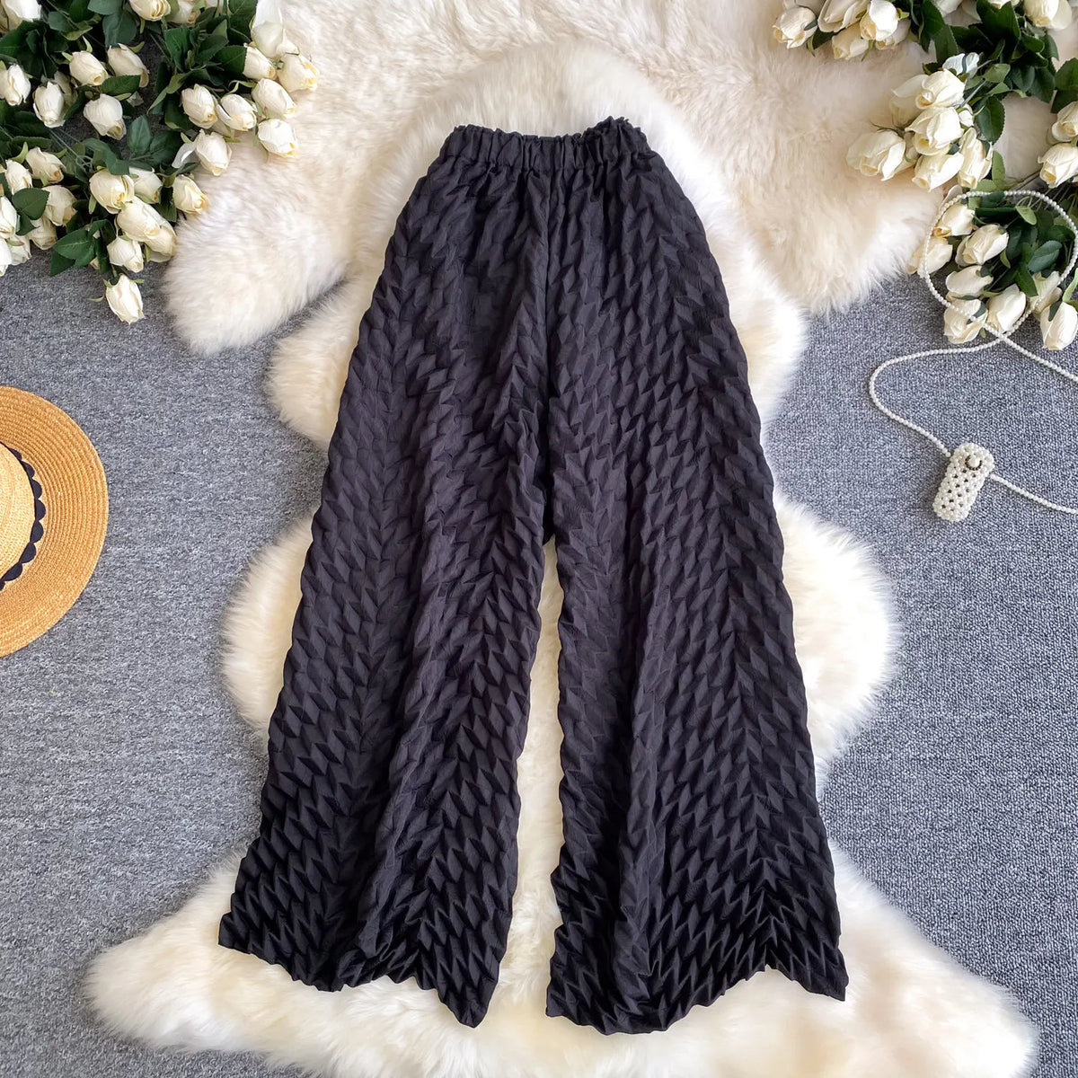 Lazy style high waisted casual wide leg pants women in spring and summer new stretch solid color loose versatile pants