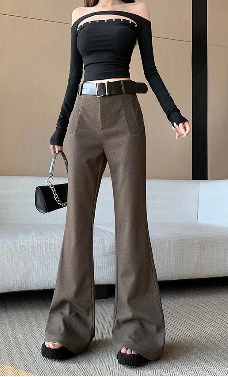 Retro solid color pants women autumn and winter high waisted casual and fashion versatile floor length flared trousers